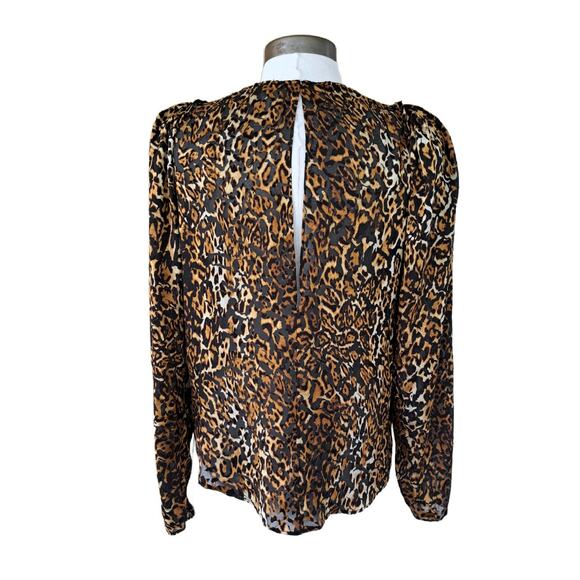 RONNY KOBO Chiara Leopard Burnout Puff Long Sleeve Top Small Black Tan Blouse - Picture 4 of 9